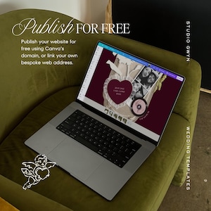 May include: A silver laptop displaying a Canva design interface with a dark red background, a heart-shaped frame, and a photo collage. Text on screen reads Publish FOR FREE, Studio Gwyn, and Wedding Templates, with a small white cherub graphic.