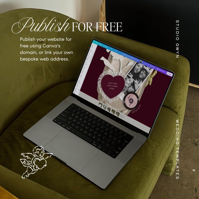 May include: A silver laptop displaying a Canva design interface with a dark red background, a heart-shaped frame, and a photo collage. Text on screen reads Publish FOR FREE, Studio Gwyn, and Wedding Templates, with a small white cherub graphic.