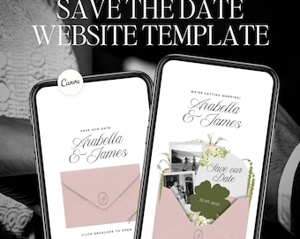 Pink & Green Save The Date Wedding Website Template: Classic Floral Envelope Digital Invitation