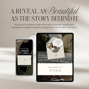 May include: A smartphone and tablet display a wedding invitation concept. The phone shows a digital invitation with the names Arabella & James. The tablet displays an open envelope with photos and the text "Kindly RSVP". The countdown timer reads 251:10:38:34.