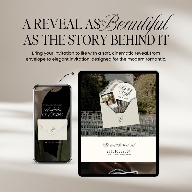 May include: A smartphone and tablet display a wedding invitation concept. The phone shows a digital invitation with the names Arabella & James. The tablet displays an open envelope with photos and the text "Kindly RSVP". The countdown timer reads 251:10:38:34.