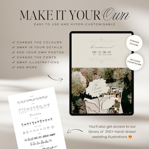 Puede incluir: Una plantilla digital que muestra una invitaci&oacute;n de boda personalizable con temporizador de cuenta regresiva, marcadores de posici&oacute;n para fotos e im&aacute;genes florales. El dise&ntilde;o incluye una lista de funciones editables y una hoja separada que muestra una biblioteca de m&aacute;s de 250 ilustraciones dibujadas a mano.