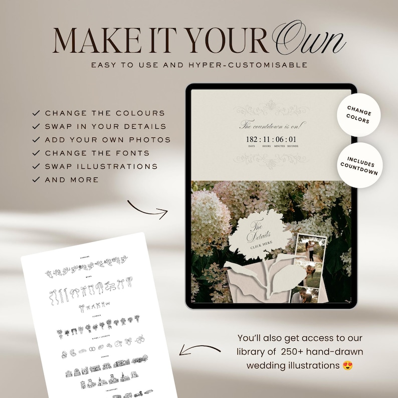 Puede incluir: Una plantilla digital que muestra una invitaci&oacute;n de boda personalizable con temporizador de cuenta regresiva, marcadores de posici&oacute;n para fotos e im&aacute;genes florales. El dise&ntilde;o incluye una lista de funciones editables y una hoja separada que muestra una biblioteca de m&aacute;s de 250 ilustraciones dibujadas a mano.