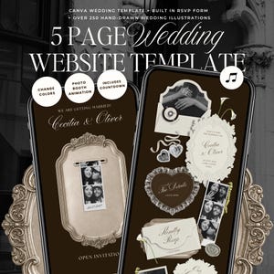Könnte beinhalten: Eine 5-seitige Hochzeits-Website-Vorlage für Canva mit dunkelbraunem Hintergrund, verzierten Goldrahmen und handgezeichneten Illustrationen. Das Design umfasst ein integriertes RSVP-Formular, eine Fotobox-Animation, einen Countdown und ein Musiksymbol.