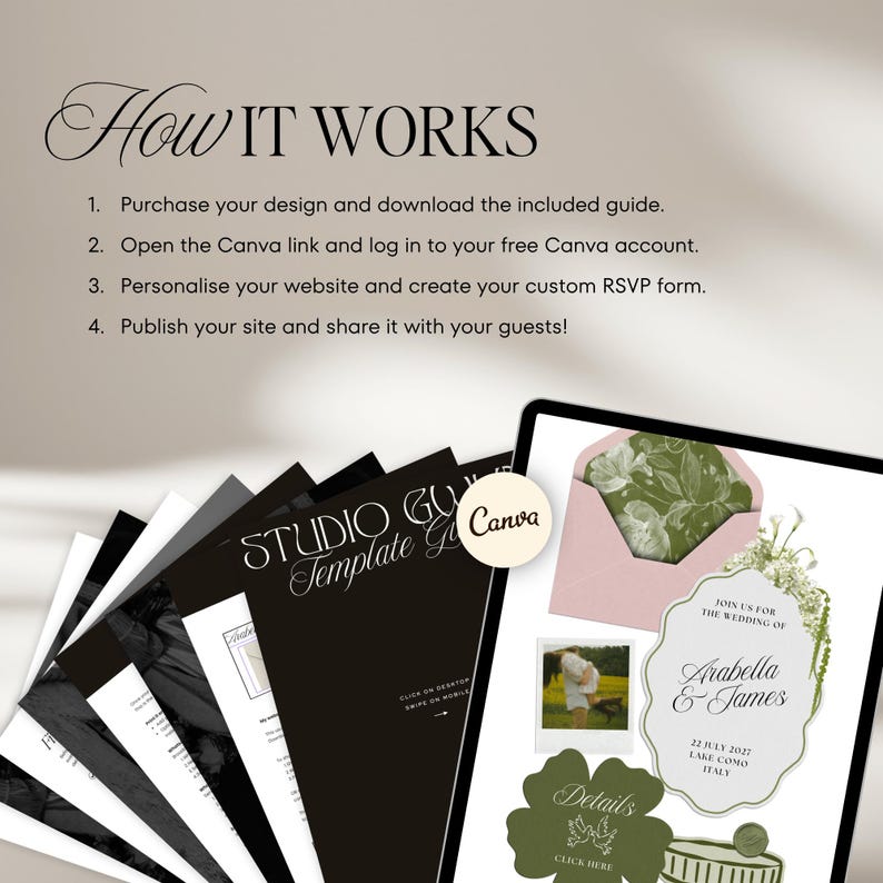 Pink & Green Wedding Website Template with RSVP: Classic Floral Envelope Digital Invitation 画像 18