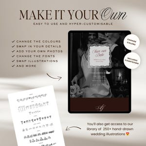 May include: A digital wedding invitation design displayed on a tablet. The design features the text "Save our Date" and includes options to change colors, swap details, add photos, and more. The image also shows a library of wedding illustrations.