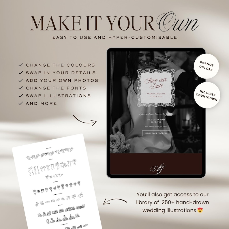 May include: A digital wedding invitation design displayed on a tablet. The design features the text "Save our Date" and includes options to change colors, swap details, add photos, and more. The image also shows a library of wedding illustrations.