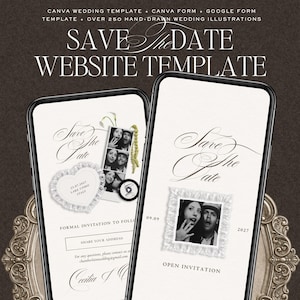 Puede incluir: Una plantilla de sitio web de bodas digital mostrada en dos teléfonos inteligentes, con el texto SAVE THE DATE WEBSITE TEMPLATE, CANVA WEDDING TEMPLATE y más de 250 ilustraciones dibujadas a mano. Las pantallas muestran diseños de Save the Date con tiras de fotos en blanco y negro, marcos en forma de corazón y una elegante tipografía.