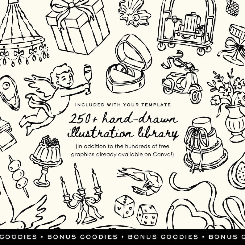 May include: A selection of black and white hand-drawn illustrations, featuring a gift box, wedding rings, a cherub, a scooter, and a cake. Text reads "250+ hand-drawn illustration library."
