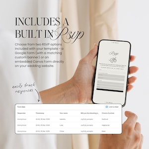 May include: A smartphone displays an RSVP form with the text "RSVP" and a wedding-themed graphic. The image includes text: "INCLUDES A BUILT IN RSVP" and "easily track responses". A spreadsheet shows RSVP data.