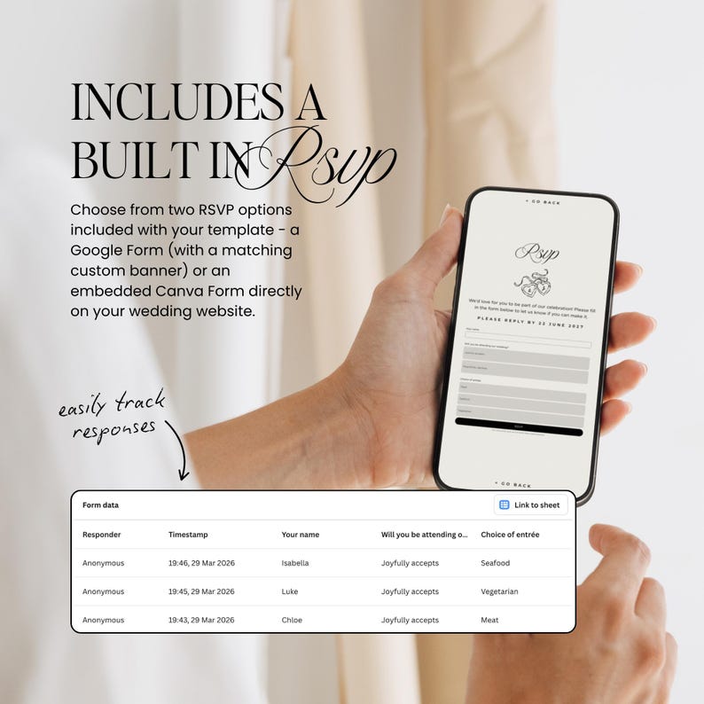 May include: A smartphone displays an RSVP form with the text "RSVP" and a wedding-themed graphic. The image includes text: "INCLUDES A BUILT IN RSVP" and "easily track responses". A spreadsheet shows RSVP data.