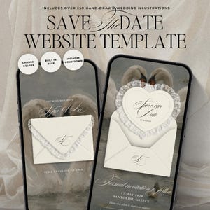 Op de afbeelding: Een digitale "Save the Date" website template weergegeven op twee smartphones. De schermen tonen een off-white envelop met kanten rand, een hartvormige kaart en zwanenafbeeldingen. De tekst bevat "SAVE THE DATE WEBSITE TEMPLATE" en "INCLUDES OVER 250 HAND-DRAWN WEDDING ILLUSTRATIONS."