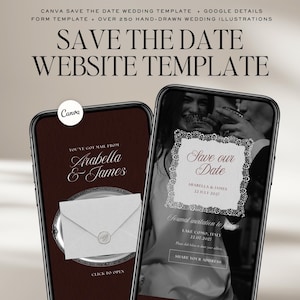 May include: Two smartphones showcasing wedding invitation templates. One features an envelope design with the names "Arabella & James." The other displays "Save our Date" with the date and location. The Canva logo is visible.