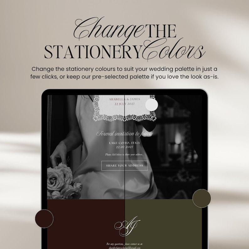 May include: A digital tablet shows a wedding invitation design with the text "Change the Stationery Colors." The invitation features a monochrome design with the names "Arabell & James" and the date "22 JUL 2027."