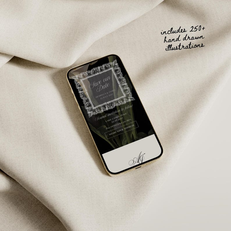 Puede incluir: Un tel&eacute;fono inteligente dorado muestra una invitaci&oacute;n de boda con el texto "Save our Date". La pantalla presenta un marco decorativo y elementos florales. La imagen incluye el texto "includes 250+ hand drawn illustrations."
