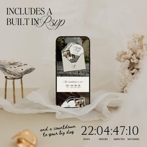 May include: A smartphone displays a wedding invitation with a countdown timer. The screen shows an RSVP card and the text "The countdown is in!" with a timer showing 251 days, 10 hours, 38 minutes, and 34 seconds. The text "and a countdown to your big day" is also visible.