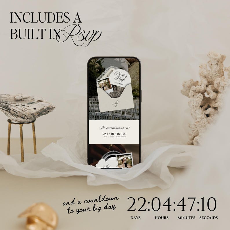 May include: A smartphone displays a wedding invitation with a countdown timer. The screen shows an RSVP card and the text "The countdown is in!" with a timer showing 251 days, 10 hours, 38 minutes, and 34 seconds. The text "and a countdown to your big day" is also visible.
