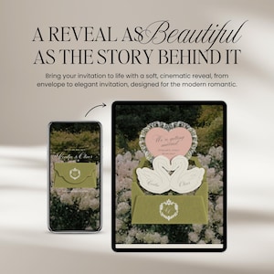 Puede incluir: Una pantalla digital que muestra un smartphone y una tablet con un sobre verde oliva con un escudo blanco, y una tarjeta de invitaci&oacute;n con dos cisnes blancos y un coraz&oacute;n rosa, con el texto A REVEAL AS BEAUTIFUL AS THE STORY BEHIND IT.