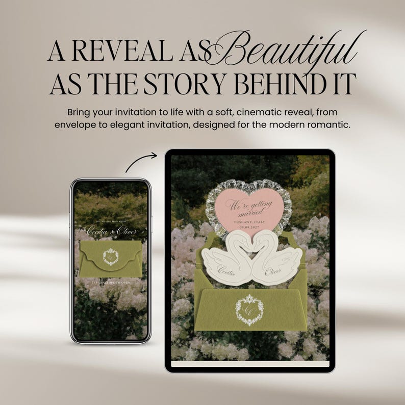 Puede incluir: Una pantalla digital que muestra un smartphone y una tablet con un sobre verde oliva con un escudo blanco, y una tarjeta de invitaci&oacute;n con dos cisnes blancos y un coraz&oacute;n rosa, con el texto A REVEAL AS BEAUTIFUL AS THE STORY BEHIND IT.