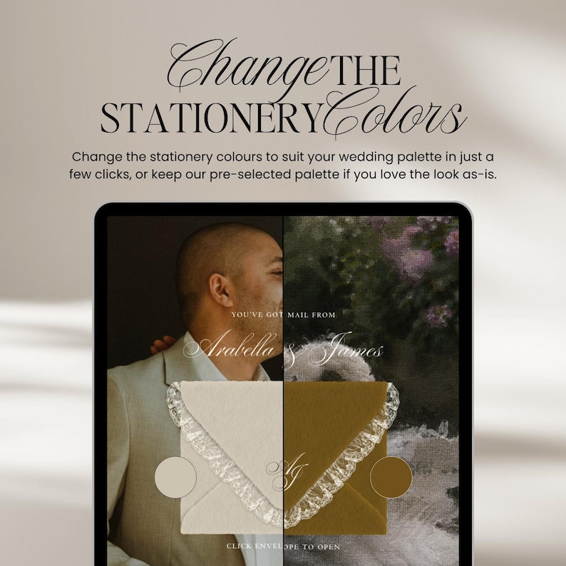 K&ouml;nnte beinhalten: Eine digitale Benutzeroberfl&auml;che mit Optionen zur Anpassung von Hochzeitspapeterie. Der Text lautet Change THE STATIONERY Colors, You've got mail from Arabella & James und Click envelope to open. Zwei Umschl&auml;ge mit Spitzenbesatz sind abgebildet.
