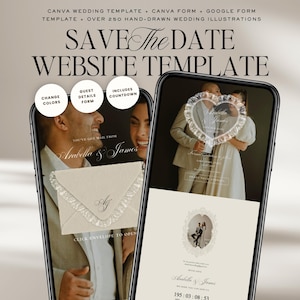 May include: A digital wedding website template displayed on two smartphones. The screens show a save the date design with a lace-trimmed envelope, a couple's photo in a heart frame, and text including CANVA WEDDING TEMPLATE and SAVE THE DATE.