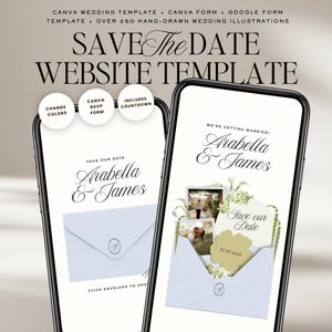 Puede incluir: Dos smartphones que muestran una plantilla de sitio web de boda. Las pantallas muestran diseños de "Save the Date" con los nombres "Arabella & James". La plantilla incluye opciones para cambiar los colores, un formulario RSVP de Canva y una función de cuenta regresiva. El texto superior dice "SAVE The DATE WEBSITE TEMPLATE."