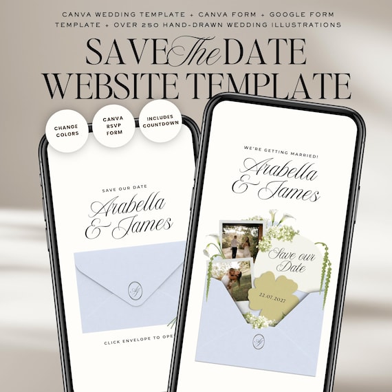 Blue & Green Save The Date Wedding Website Template: Classic Floral Garden Envelope Digital Invitation