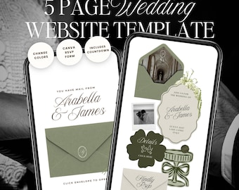 May include: A digital wedding website template displayed on two smartphones. The template features a green and white color scheme with elegant fonts. The design includes RSVP forms, countdowns, and over 250 hand-drawn wedding illustrations. Text includes "Arabella & James".