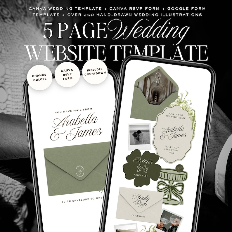 May include: A digital wedding website template displayed on two smartphones. The template features a green and white color scheme with elegant fonts. The design includes RSVP forms, countdowns, and over 250 hand-drawn wedding illustrations. Text includes "Arabella & James".