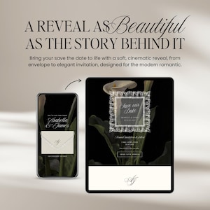Puede incluir: Un dise&ntilde;o de invitaci&oacute;n de boda digital que se muestra en un tel&eacute;fono inteligente y una tableta. La invitaci&oacute;n presenta una caligraf&iacute;a elegante y un dise&ntilde;o floral. El texto dice "A Reveal as Beautiful as the Story Behind It."