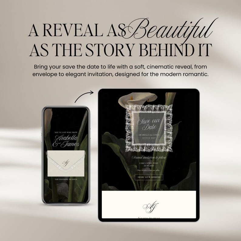 Puede incluir: Un dise&ntilde;o de invitaci&oacute;n de boda digital que se muestra en un tel&eacute;fono inteligente y una tableta. La invitaci&oacute;n presenta una caligraf&iacute;a elegante y un dise&ntilde;o floral. El texto dice "A Reveal as Beautiful as the Story Behind It."