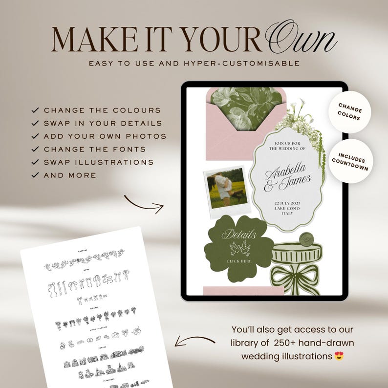 Pink & Green Wedding Website Template with RSVP: Classic Floral Envelope Digital Invitation 画像 10