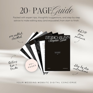 Puede incluir: Una gu&iacute;a digital titulada 20+ PAGE Guide Studio Gwyn Template Guide, que muestra una pila de p&aacute;ginas en blanco y negro. El texto incluye pre-publish checklist, RSVP form guidance, editing tips + tricks, step by step instructions y Your Wedding Website Digital Concierge.