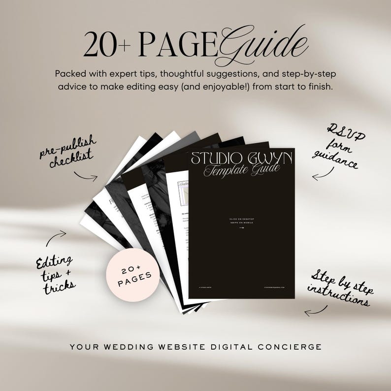 Puede incluir: Una gu&iacute;a digital titulada 20+ PAGE Guide Studio Gwyn Template Guide, que muestra una pila de p&aacute;ginas en blanco y negro. El texto incluye pre-publish checklist, RSVP form guidance, editing tips + tricks, step by step instructions y Your Wedding Website Digital Concierge.