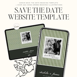 May include: A digital wedding template design featuring a tablet and smartphone displaying a save-the-date website. The devices showcase a photo of a couple, with text that reads "Save the Date!" and the date. The design includes a green and white striped background.