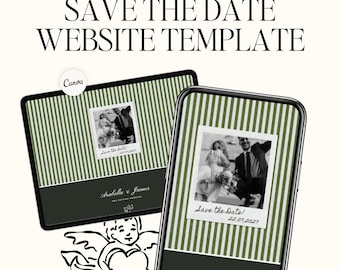 Save The Date Wedding Website Canva Template: Emerald Green Stripe, Timeless, Polaroid, Classic Digital Invitation