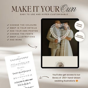 K&ouml;nnte beinhalten: Eine digitale Hochzeits-Einladungsvorlage mit dem Text MAKE IT YOUR OWN, EASY TO USE AND HYPER-CUSTOMISABLE. Sie enth&auml;lt ein Tablet mit einem Paar, einen herzf&ouml;rmigen Rahmen und eine Liste bearbeitbarer Funktionen wie Farben, Schriftarten und Fotos.