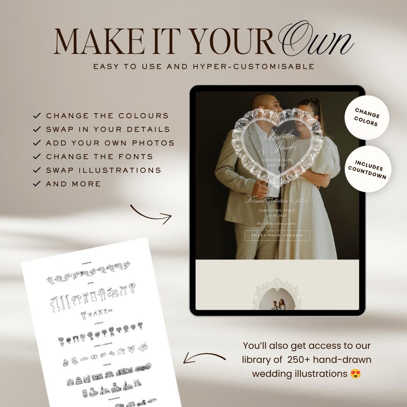 K&ouml;nnte beinhalten: Eine digitale Hochzeits-Einladungsvorlage mit dem Text MAKE IT YOUR OWN, EASY TO USE AND HYPER-CUSTOMISABLE. Sie enth&auml;lt ein Tablet mit einem Paar, einen herzf&ouml;rmigen Rahmen und eine Liste bearbeitbarer Funktionen wie Farben, Schriftarten und Fotos.