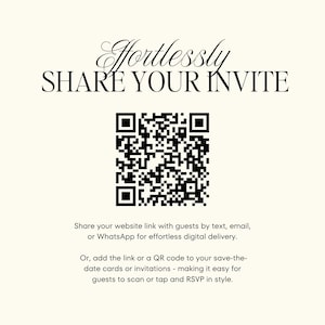 May include: Cream-colored graphic with the text "Effortlessly Share Your Invite" in elegant script. A black and white QR code is centered below the text. Additional text explains how to share a website link or QR code for RSVPs.