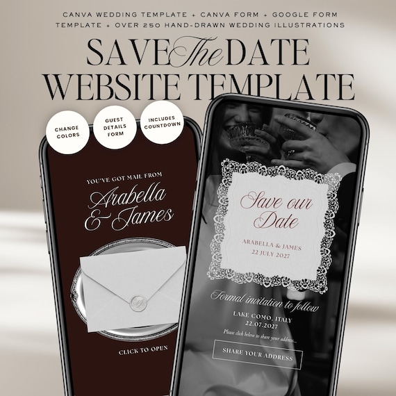 Old Money Save The Date Wedding Website Template: Classic Burgundy Digital Invitation