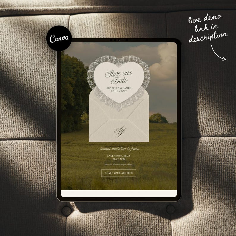 May include: A digital wedding invitation design displayed on a tablet. The invitation features a heart-shaped design with the words "Save our Date" and the names "Arabella & James" and the date "22 July 2027". The design includes an envelope and a scenic background.