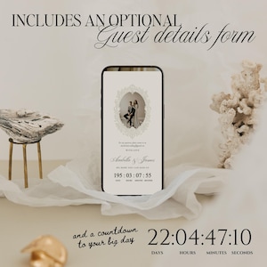 K&ouml;nnte beinhalten: Ein Smartphone-Bildschirm zeigt eine Hochzeitseinladung mit einem zentralen ovalen Foto eines Paares, den Namen Arabella & James und einem Countdown-Timer. Der Text dar&uuml;ber lautet INCLUDES AN OPTIONAL Guest details form und darunter and a countdown to your big day 22:04:47:10.