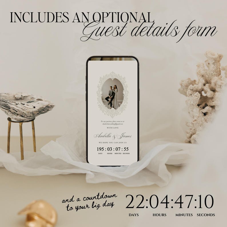 K&ouml;nnte beinhalten: Ein Smartphone-Bildschirm zeigt eine Hochzeitseinladung mit einem zentralen ovalen Foto eines Paares, den Namen Arabella & James und einem Countdown-Timer. Der Text dar&uuml;ber lautet INCLUDES AN OPTIONAL Guest details form und darunter and a countdown to your big day 22:04:47:10.