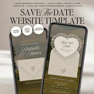Op de afbeelding: Een digitale trouwwebsite-sjabloon weergegeven op twee smartphones. Het ontwerp toont een Save the Date-aankondiging met een envelopontwerp, kanten details en de namen Arabella & James. De sjabloon bevat opties om kleuren te wijzigen, gastgegevens toe te voegen en een countdown.