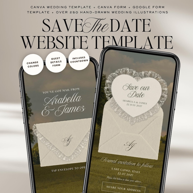 May include: A digital wedding website template displayed on two smartphones. The design features a Save the Date announcement with an envelope design, lace details, and the names Arabella & James. The template includes options to change colors, add guest details, and a countdown.