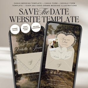 Könnte beinhalten: Zwei Smartphones, die eine Hochzeit Website-Vorlage anzeigen. Die Bildschirme zeigen ein 'Save the Date'-Design mit einem Umschlag, Schwänen und einem Foto. Die Vorlage enthält Optionen zum Ändern der Farben, Gästedetails und einen Countdown.