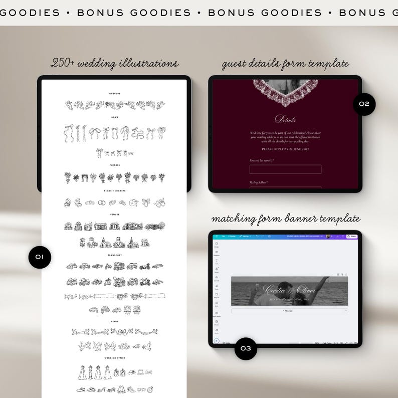 May include: A digital collection featuring 250+ black and white wedding illustrations, a dark red guest details form template with a jeweled necklace graphic, and a matching form banner template displaying a black and white photo of a couple.