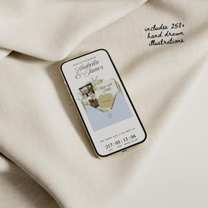 May include: A smartphone displays a wedding invitation design. The screen shows the names "Arabella & James", a photo, and a "Save our Date" card within a light blue envelope. The text "includes 250+ hand drawn illustrations" is also visible.
