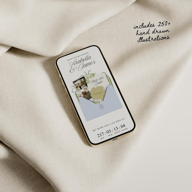 May include: A smartphone displays a wedding invitation design. The screen shows the names "Arabella & James", a photo, and a "Save our Date" card within a light blue envelope. The text "includes 250+ hand drawn illustrations" is also visible.