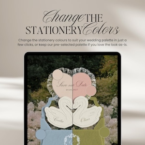 Puede incluir: Una pantalla digital que muestra un dise&ntilde;o de papeler&iacute;a de boda con el texto Change THE STATIONERY Colors. El dise&ntilde;o presenta dos siluetas de cisnes blancos con los nombres Cecilia y Oliver, y una tarjeta en forma de coraz&oacute;n Save our Date fechada 09.09.2027.